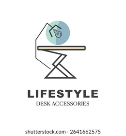 Minimalist logo for desk accessories, featuring a clean line-art desk lamp with a lightbulb over a modern table.