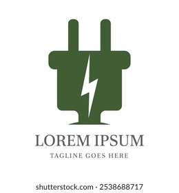 Logotipo minimalista con el ícono del enchufe eléctrico y el símbolo del relámpago en el medio, que simboliza la energía, el poder y la ilustración del diseño del Vector de la Tecnología