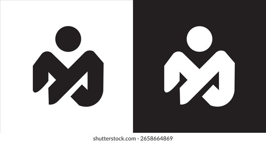 A minimalist logo features an abstract figure resembling a person with an "M" shape, presented in black on white and white on black.