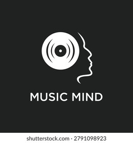 A minimalist logo features a human head silhouette with a vinyl record, symbolizing the connection between music and mind. Ideal for music brands, podcasts, and creative services.