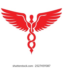 Minimalist logo features a red Caduceus symbol, representing medicine and healthcare. Two snakes entwine around a winged staff, symbolizing healing and protection. Ideal for medical and wellness brand