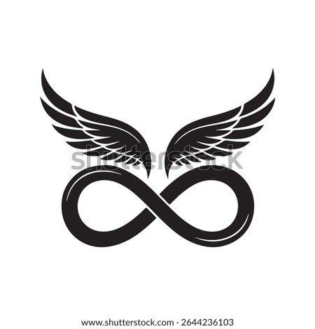 A minimalist logo featuring an abstract infinity symbol with stylized wings, crafted in elegant black lines on a clean white background. The design expresses themes of freedom, boundlessness, and spir
