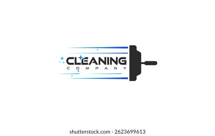 Un logotipo minimalista con una escobilla negra, líneas de velocidad azules y destellos cian, lo que significa un servicio de limpieza rápido y eficiente. 