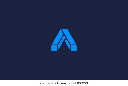A minimalist logo featuring blue geometric shapes on a dark background.