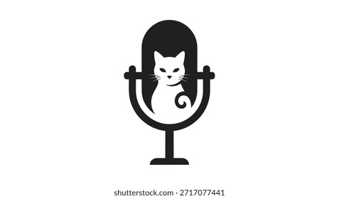 Un logotipo minimalista con una silueta de gato dentro de un micrófono, que simboliza podcasting y grabación de audio.