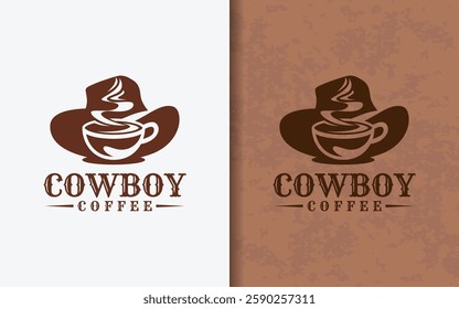 A minimalist logo featuring a cowboy hat seamlessly combined with a coffee cup.