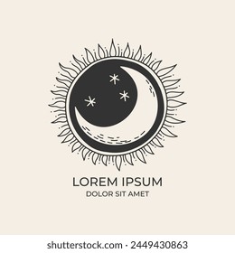 Un logotipo minimalista con una luna creciente y estrellas en un diseño circular. 