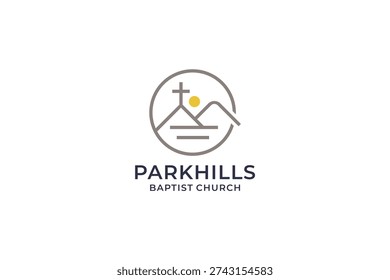 A minimalist logo featuring a cross atop a mountain range with a sun.