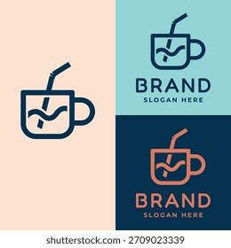 Un logotipo minimalista con una taza o taza con una bebida ondulada y paja en el interior. El diseño de contorno limpio da una sensación moderna y fresca.