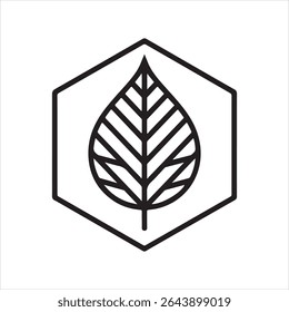 A minimalist logo featuring a delicate linear leaf enclosed within a geometric hexagon frame. Rendered in crisp white lines on a solid black background, this design symbolizes harmony between nature a