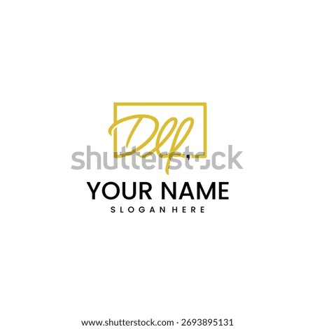 A minimalist logo featuring golden cursive letters "DLF" within a rectangular frame, with placeholder text "YOUR NAME" and "SLOGAN HERE" below on a white bac...