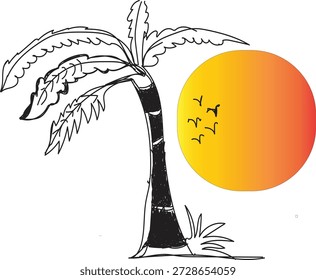 A minimalist logo featuring a hand drawn palm tree paried with a warm yellow to orange gradient sun symbolizing nature relaxation and tropical vibes.