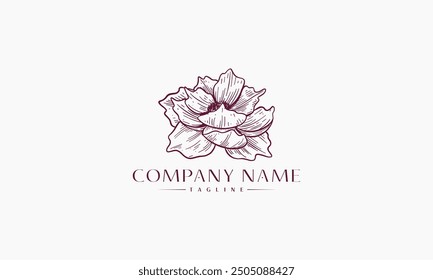 A minimalist logo featuring a hand-drawn sketch of a single flower with a company name and tagline written beneath.