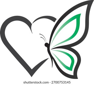 Un logotipo minimalista con forma de corazón que se funde a la perfección en una mariposa con acentos verdes, que simboliza el amor, la transformación y la belleza natural en el diseño.