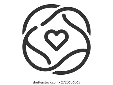 Um logotipo minimalista com um coração dentro de um design circular em um fundo preto