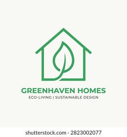 Minimalist logo featuring a house outline with a leaf inside, representing eco-friendly and sustainable living concepts.