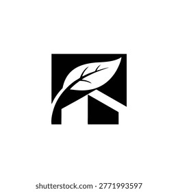 A minimalist logo featuring a leaf on a house, symbolizing eco-friendly living and sustainability, perfect for environmental or real estate marketing materials.