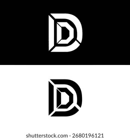 A minimalist logo featuring the letter D with a geometric design, presented in contrasting black and white.