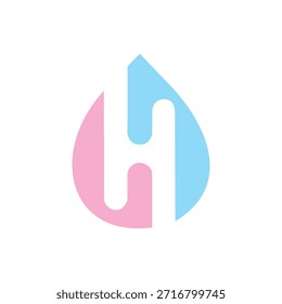 Logotipo minimalista con la letra "H" integrada en forma de gotita de agua, de color rosa suave y azul claro.