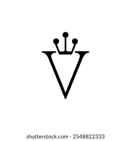 Um logotipo minimalista com a letra V com uma coroa em cima. O design é simples, elegante e transmite uma sensação de realeza e sofisticação