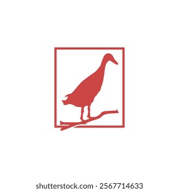 A minimalist logo featuring a red silhouette of a duck perched on a branch, all enclosed within a red square frame