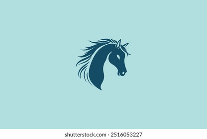 Logotipo minimalista con la silueta de la cabeza de un caballo con una melena fluida. El diseño, realizado en un tono azul oscuro, se destaca sobre un fondo azul claro