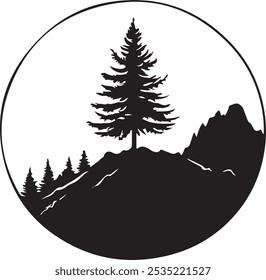 Minimalistisches Logo mit einer einzigen Kiefer, die auf einem Berghang steht, umgeben von Wald und Gipfeln. Dieses von der Natur inspirierte Vektordesign ist perfekt für Outdoor-Marken, Wanderfreunde, Öko-Fri