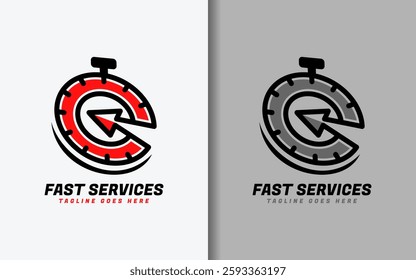 A minimalist logo featuring a stopwatch seamlessly integrated with a arrow, symbolizing fast time services.