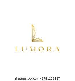 A minimalist logo featuring a stylized golden letter L above the brand name Lumora in golden sans-serif font.
