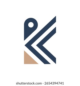 Een minimalistisch logo met een gestileerde letter K gevormd door geometrische vormen. Het bevat een marineblauw pin-pictogram, hoekige lijnen en een tan driehoekige basis op een witte achtergrond.