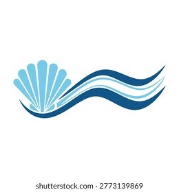 A minimalist logo featuring a stylized light blue seashell integrated with flowing dark blue ocean waves. Perfect for coastal travel, marine resorts, and spa brands.