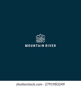 Minimalist logo featuring stylized mountains and flowing river lines in white on a dark blue background, representing nature and outdoor adventure.