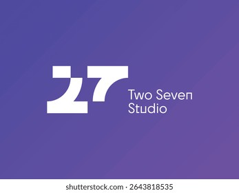Minimalist logo featuring stylized number 27 and clean typography for Two Seven Studio on a purple gradient background. Ideal for creative studios, branding, design firms, and tech startups.
