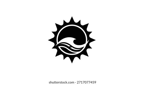 A minimalist logo featuring a stylized sun with a wave inside, rendered in black and white for a clean, modern look.