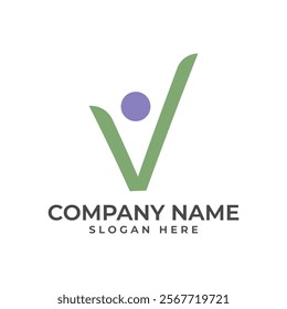 minimalist logo featuring a stylized "V" shape with a circular element, representing growth, progress, and human potential. soothing green and purple conveys a sense of harmony, health, and well-being