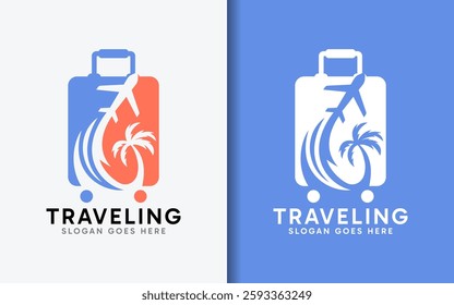 A minimalist logo featuring a suitcase seamlessly integrated with an airplane and a palm tree, symbolizing travel, vacations and tourism.