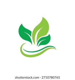 Un logotipo minimalista con tres hojas verdes estilizadas que emergen de una base verde suave y ondulada sobre un fondo blanco.