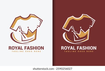 A minimalist logo featuring a t-shirt seamlessly combined with a royal crown, symbolizing premium fashion and elegance.