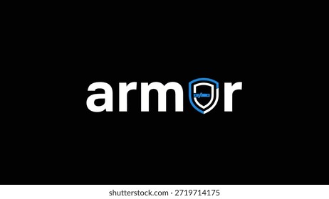 Logótipo minimalista com a palavra "armadura" em letras negras brancas, acompanhado de um emblema estilizado em azul e branco. O gráfico