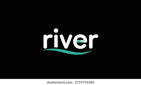Logotipo minimalista con la palabra "river" en blanco, tipografía estilizada, con una sutil onda verde azulado integrada en el diseño, frente a un