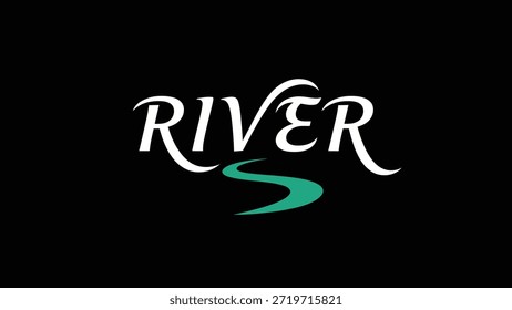 Ein minimalistisches Logo mit dem Wort "RIVER" in eleganter weißer kursiver Typografie. Eine stilisierte, fließende Grünwasserkurve ist unterhalb der