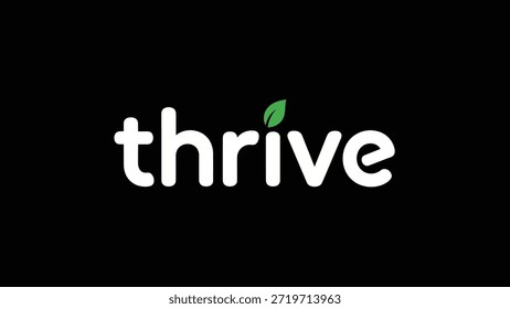 Logotipo minimalista con la palabra 'prosperar' en letras blancas nítidas sobre un fondo negro. Una Pequeña y vibrante hoja verde sutilmente reemplaza