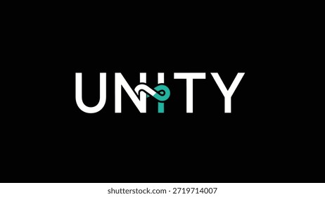 Logotipo minimalista con la palabra "UNITY" en blanco sobre fondo negro. La letra 'I' está estilizada en un símbolo de color verde azulado que se asemeja a un bucle