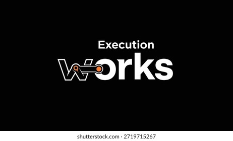 Um logotipo minimalista com as palavras "Execution Works" em letras brancas em negrito contra um fundo preto. O 'W' em 'Works' tem uma