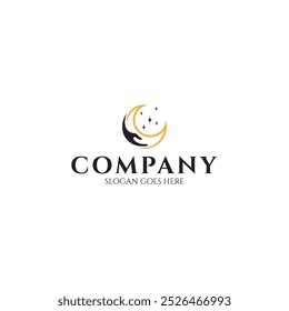 Minimalist logo of hand holding a crescent moon with star elements