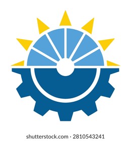 A minimalist logo icon featuring a mechanical gear combined with a rising sun. Represents the fusion of industrial engineering, green technology and solar power.