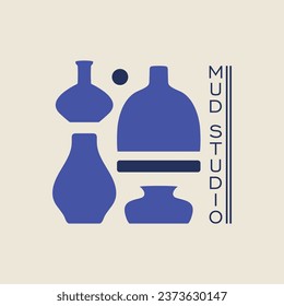 Minimalist logo illustration with ancient ceramic vases. Pottery workshop, mud studio.