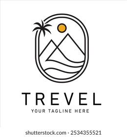 Minimalist logo with illustration of mountain, sun and palm tree, representing travel, adventure suitable for travel company, travel agent