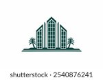 Minimalist logo illustration vector design featuring silhouette of modern building, hotel, apartment, hospital, campus, etc. with palm tree. Ideal for real estate and architecture branding.