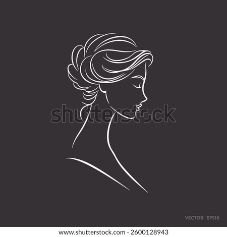 Minimalist logo line art side profile of elegant female on dark background